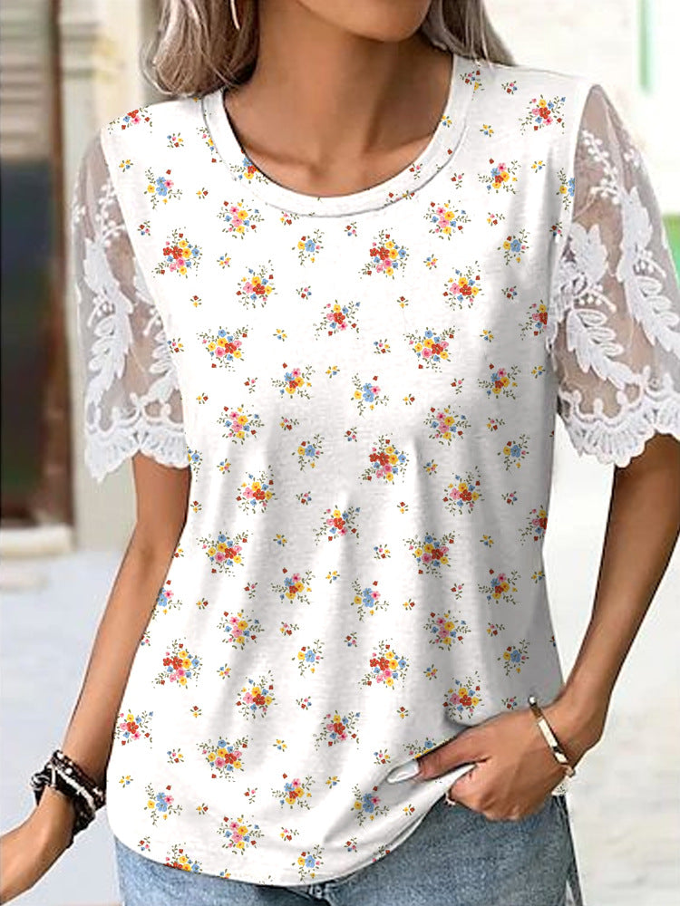 Women's Digital Printed Tee with Lace Sleeves