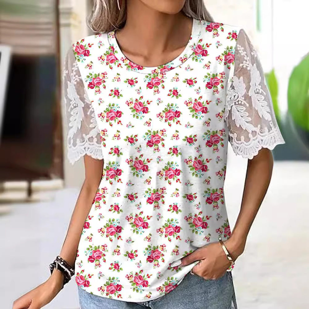 Women's Digital Printed Tee with Lace Sleeves