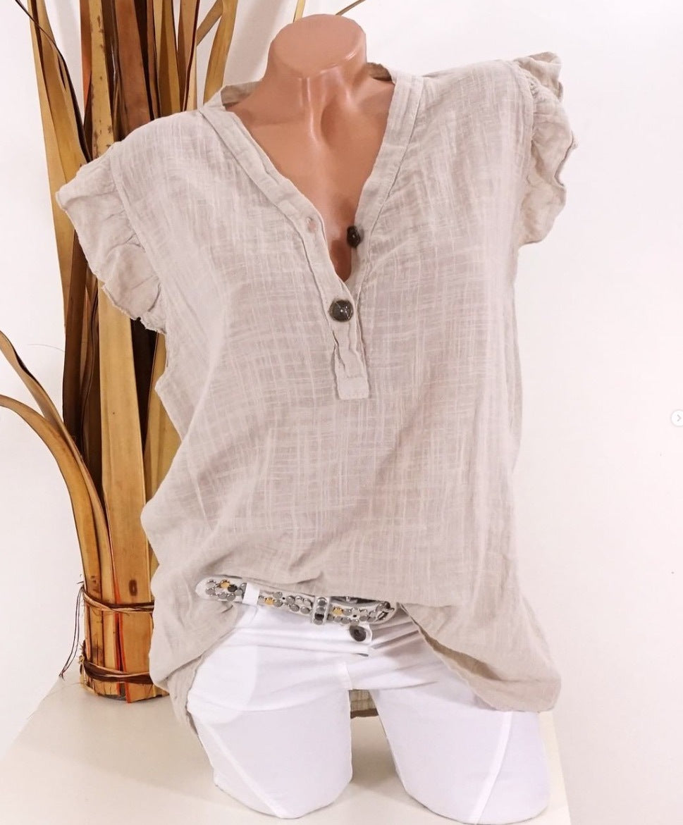 Women's V-neck Cotton and Linen Loose Ruffle Sleeve Sleeveless Shirt