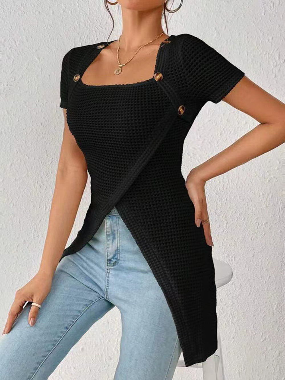 Women's Waffle Knit Long Hem Slit Button Top