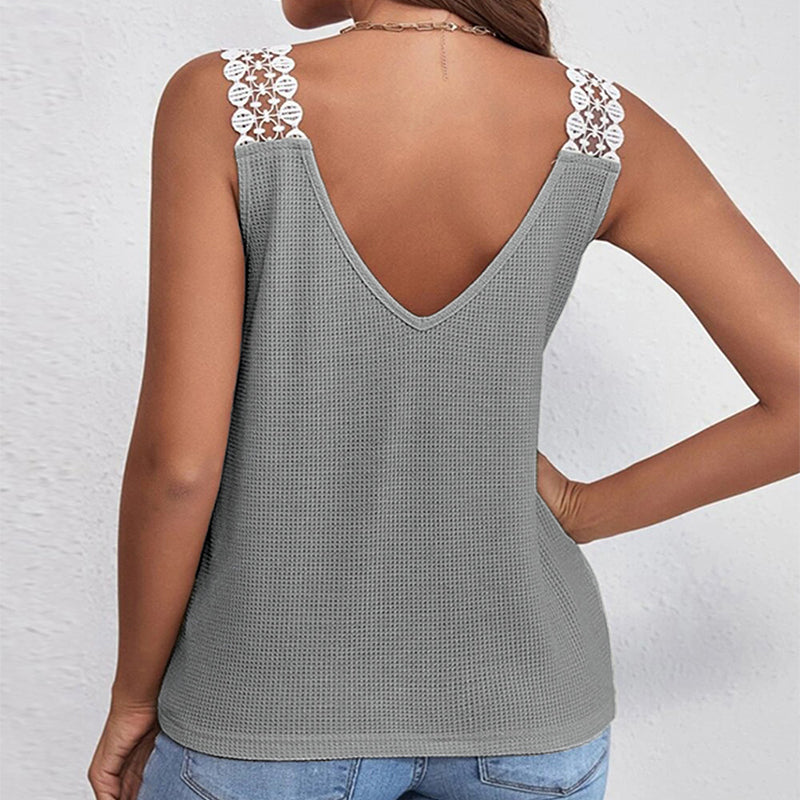 Women's Waffle V-Neck Sleeveless Lace Summer Tank Top