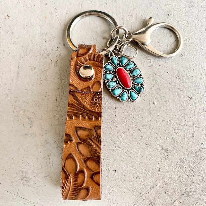 Turquoise Pendant w/ Textured Cowhide-leather Keychain