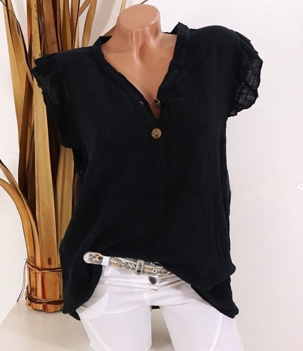 Women's V-neck Cotton and Linen Loose Ruffle Sleeve Sleeveless Shirt