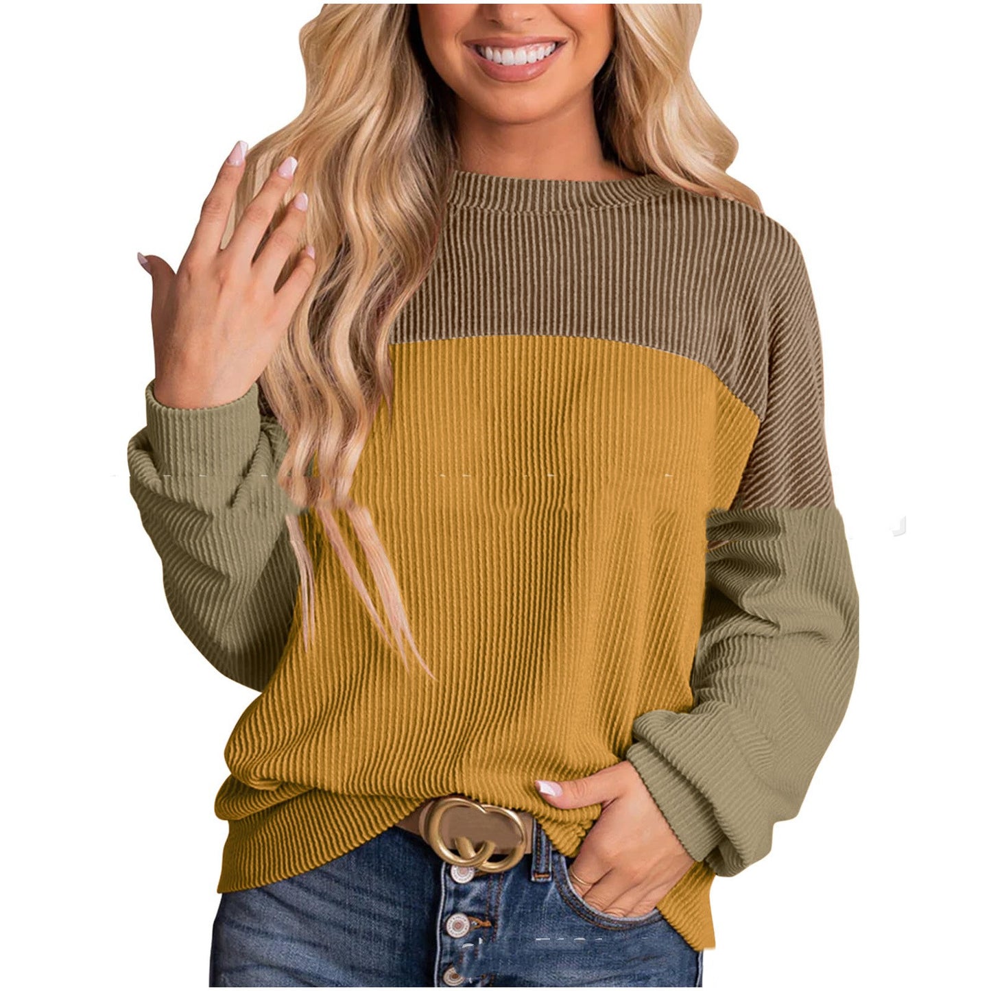 Women's Color Blocking Round Neck Long Sleeve Top