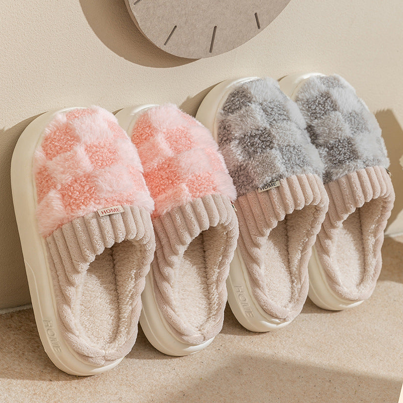 Women's Plaid Plush Soft Sole Thick Non-Slip Slippers