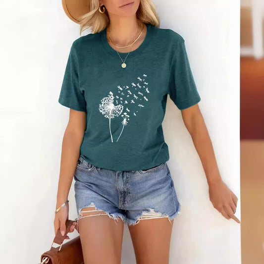 Women's Round Neck Dandelion Pattern Simple Tee (Sm-5XL)