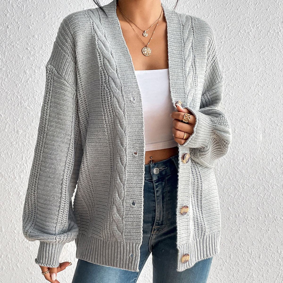 Women's Simple Hemp Pattern Button Women's Overcoat Cardigan