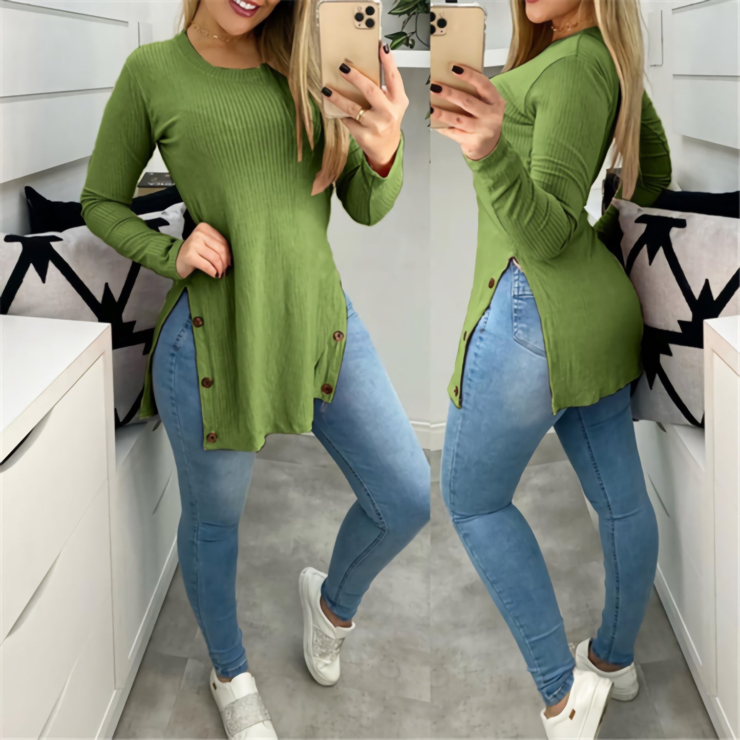 Women's Round Neck Side Slit with Buttons Long-sleeve Shirt (S-5XL)