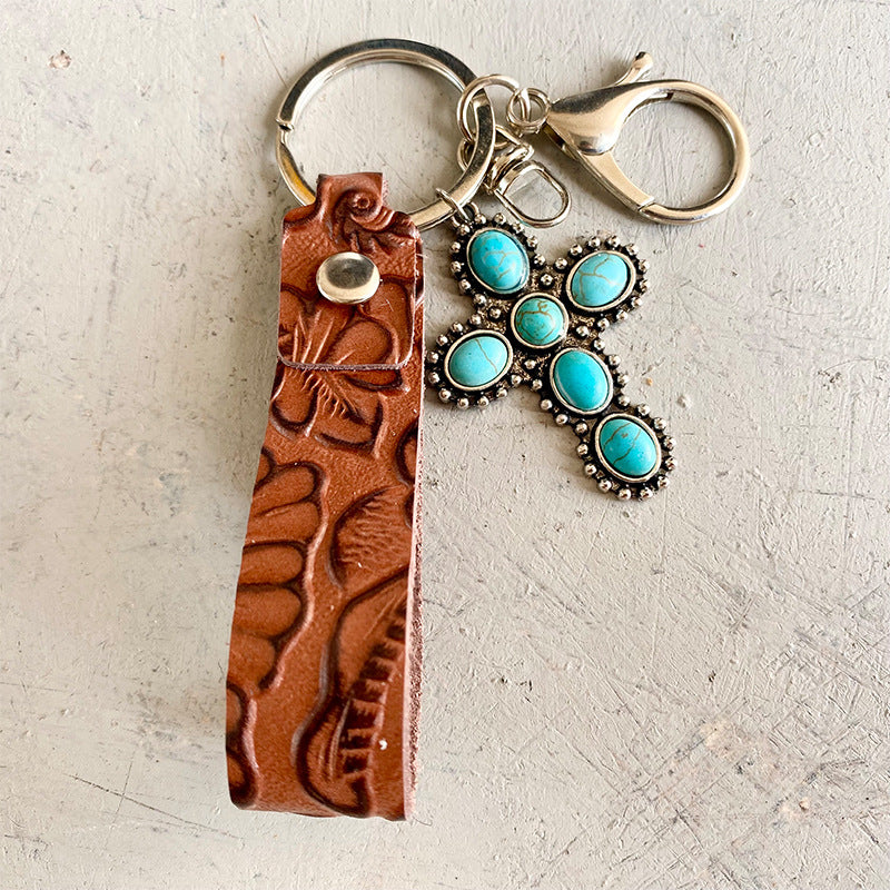 Turquoise Pendant w/ Textured Cowhide-leather Keychain