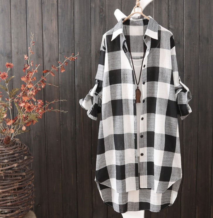 Women's Long length Plaid Button-up Shirt or Cardigan