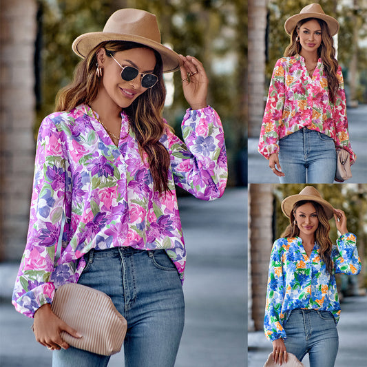 Women's V-neck Fashion Printed Long Sleeve Top