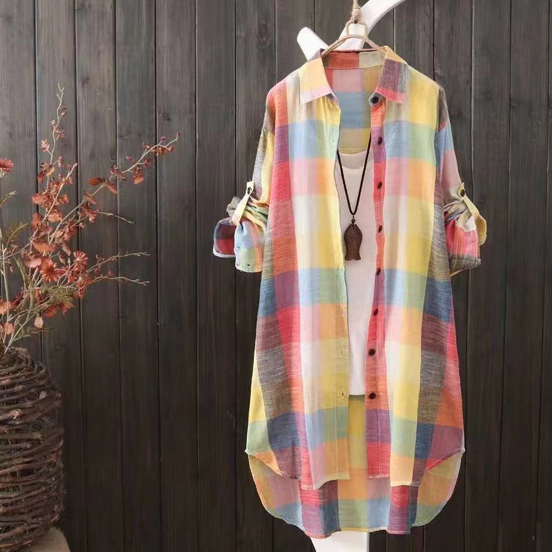 Women's Long length Plaid Button-up Shirt or Cardigan