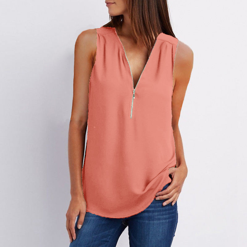 Women's Zip Sleeveless Chiffon Shirt