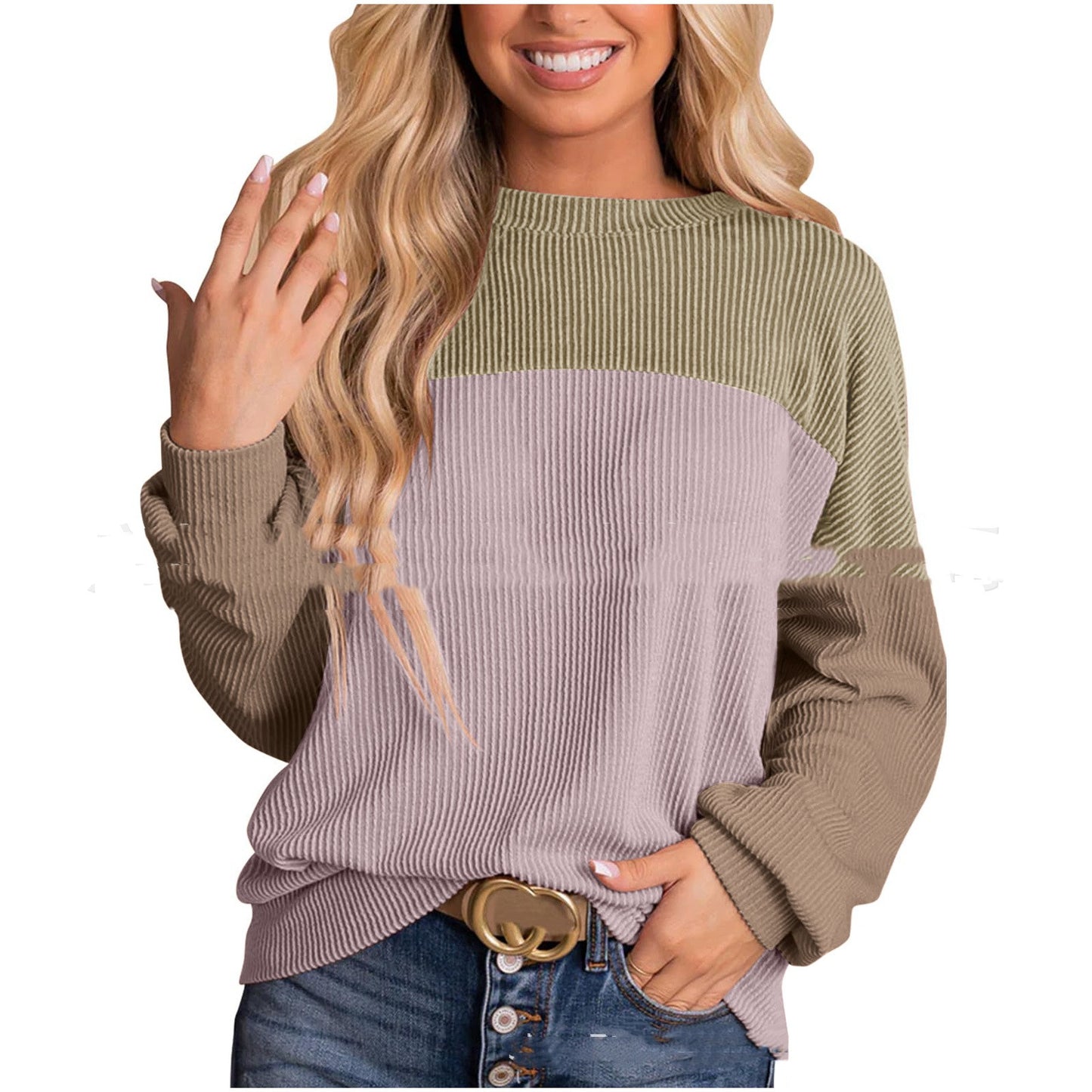 Women's Color Blocking Round Neck Long Sleeve Top