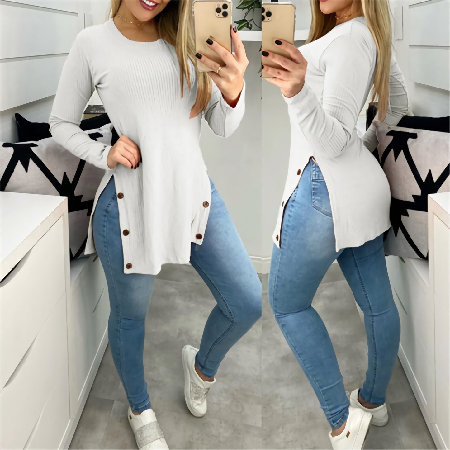 Women's Round Neck Side Slit with Buttons Long-sleeve Shirt (S-5XL)