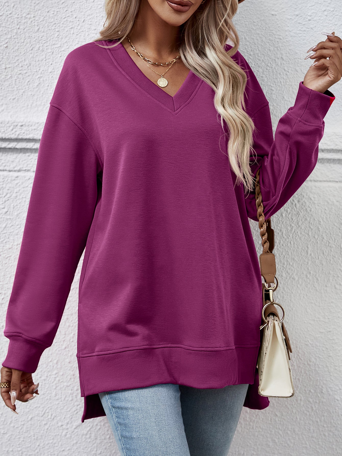 Women's Long V-neck Casual Split in the Side length longer in the back Sweater