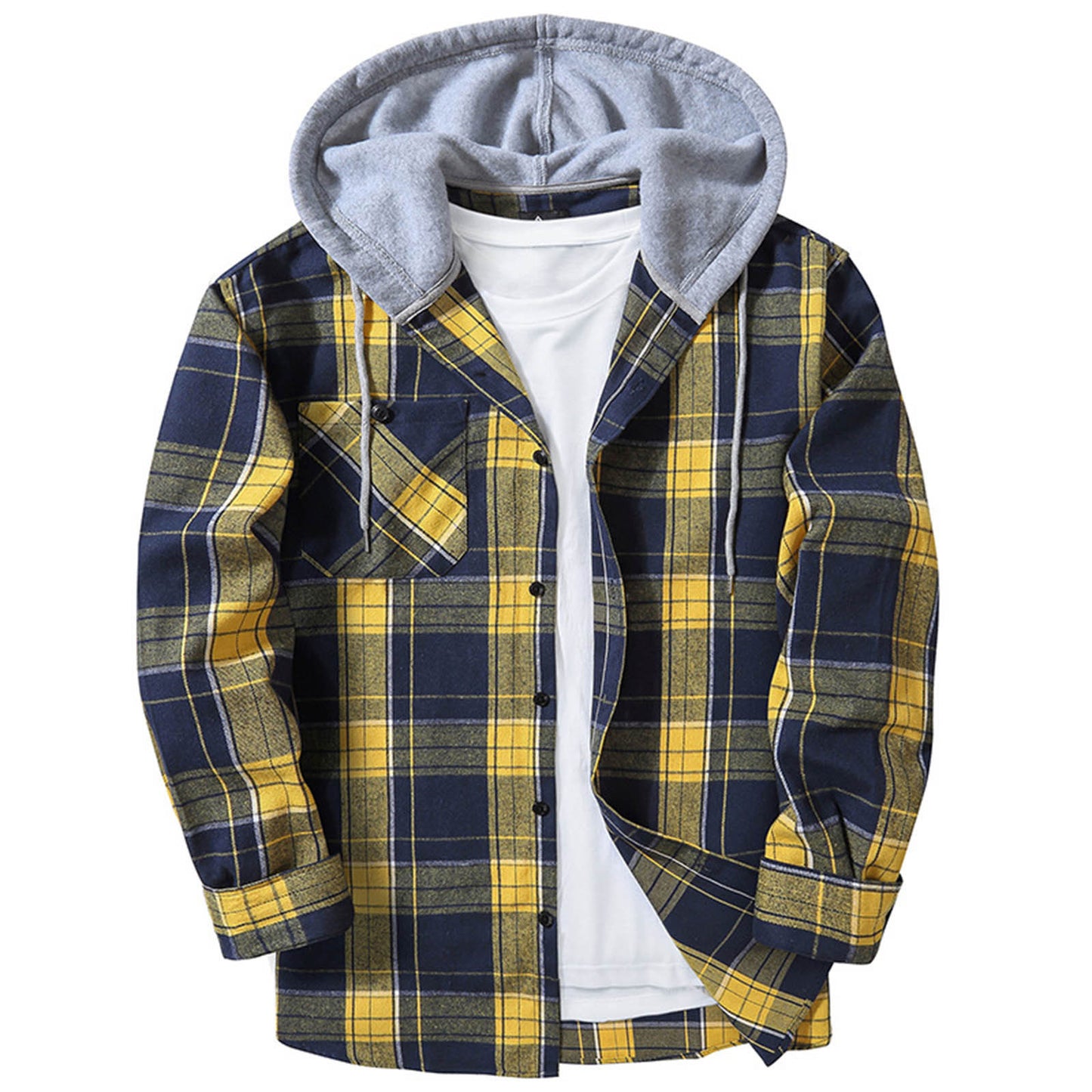 Men's Casual Hooded Plaid Long Sleeve Shirt - Various Plaid Colors