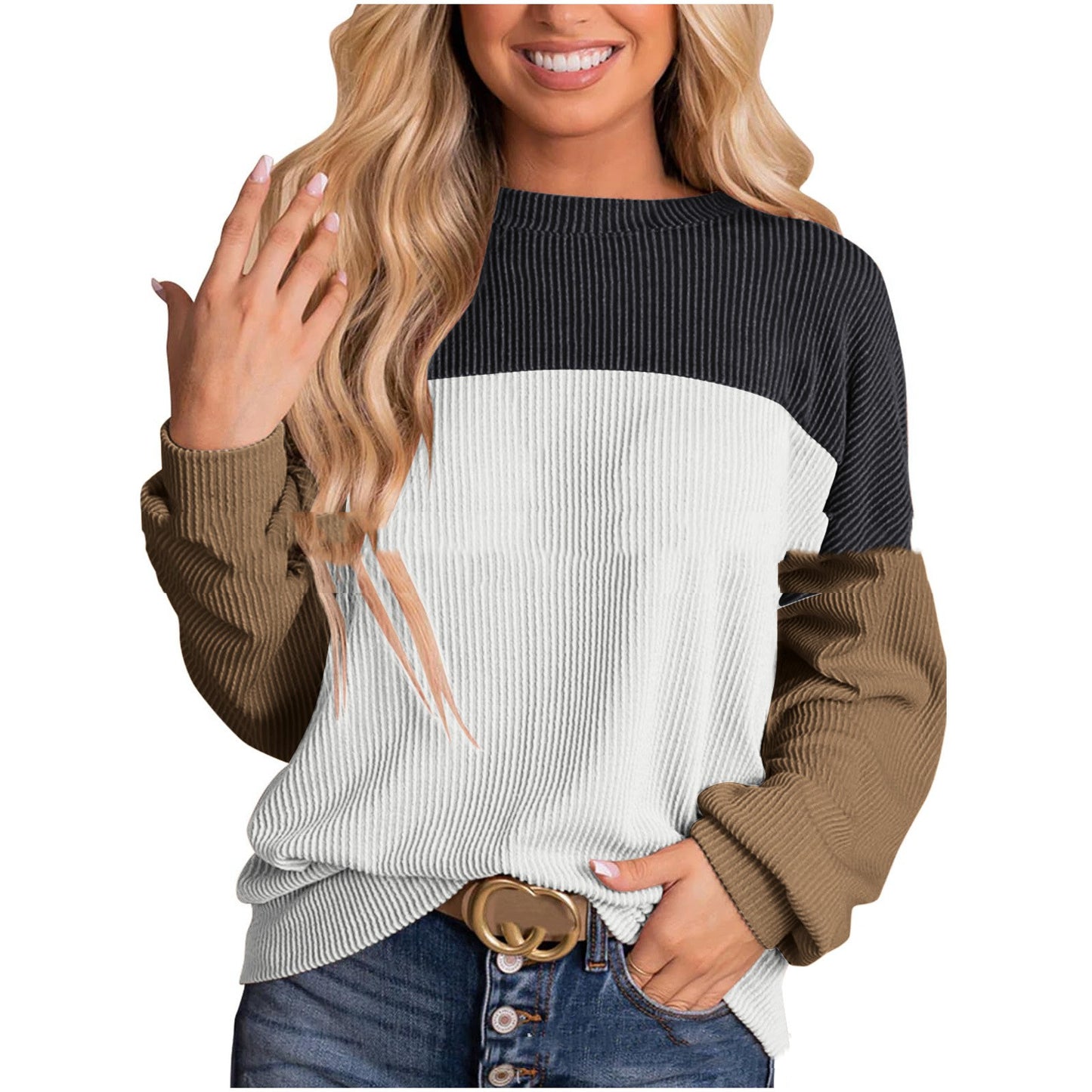 Women's Color Blocking Round Neck Long Sleeve Top