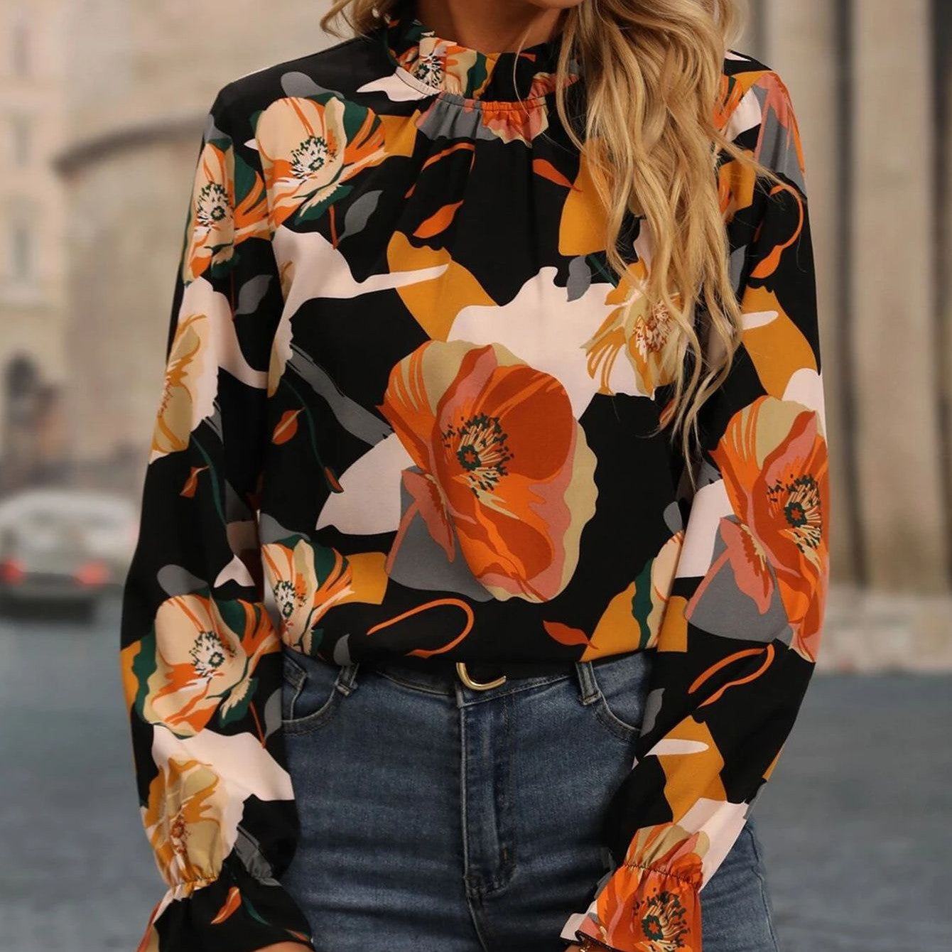 Women Casual Ruffled Collar Long Sleeve Shirt