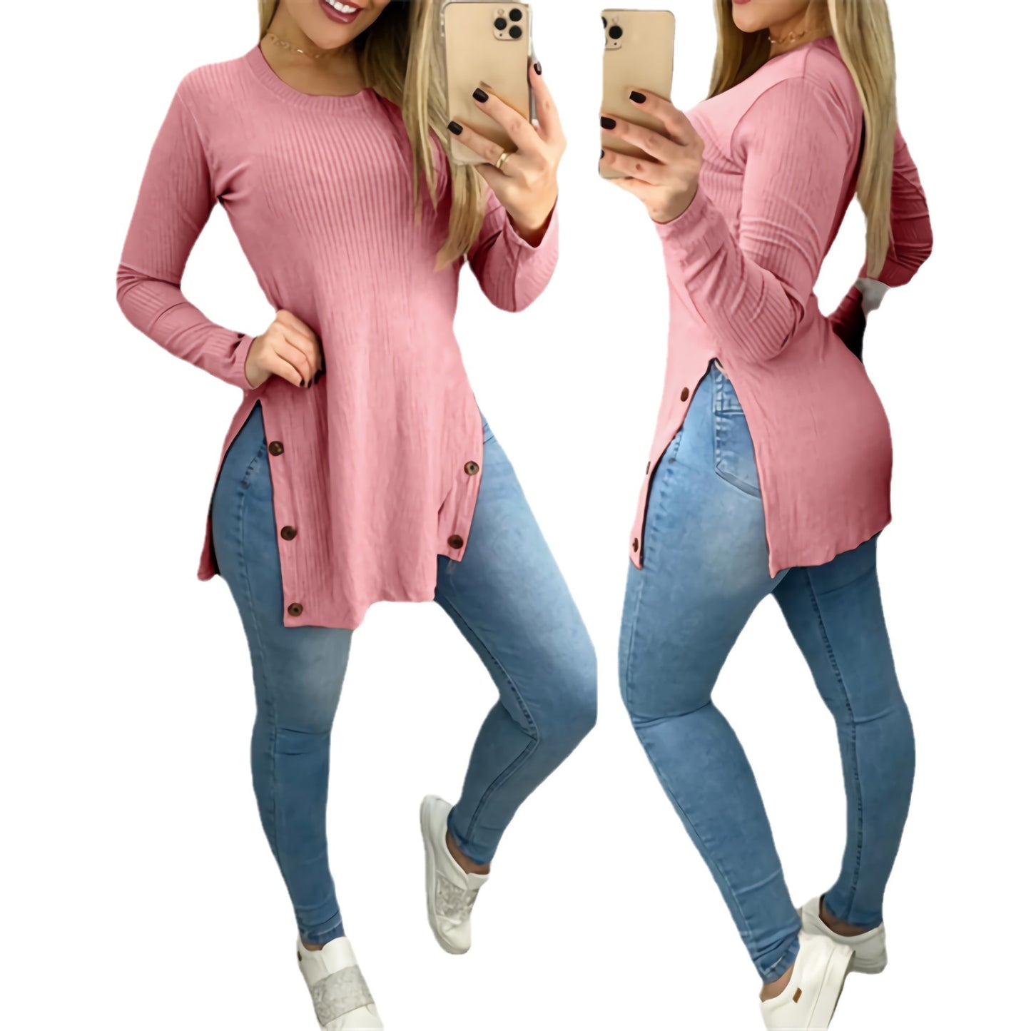 Women's Round Neck Side Slit with Buttons Long-sleeve Shirt (S-5XL)