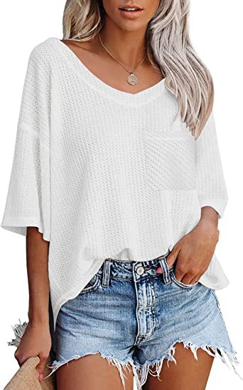 Women's V-neck Loose Short Sleeve Top With Patched Pocket