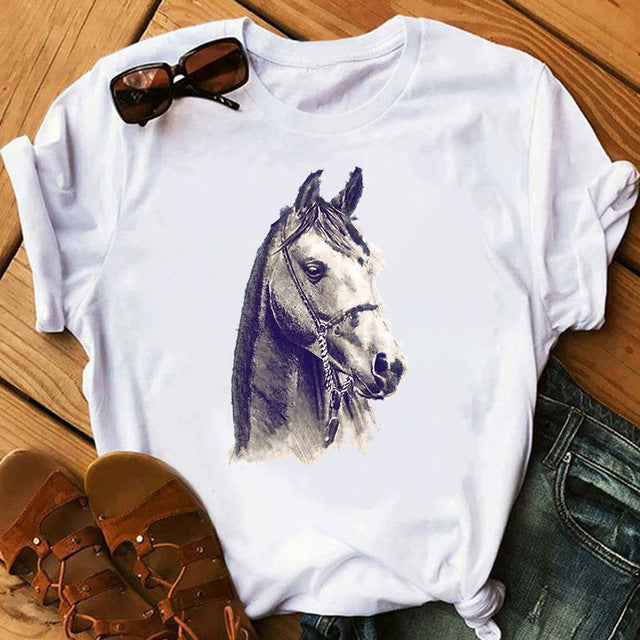 Women's Artistic Horse Printed Short-sleeved Tee