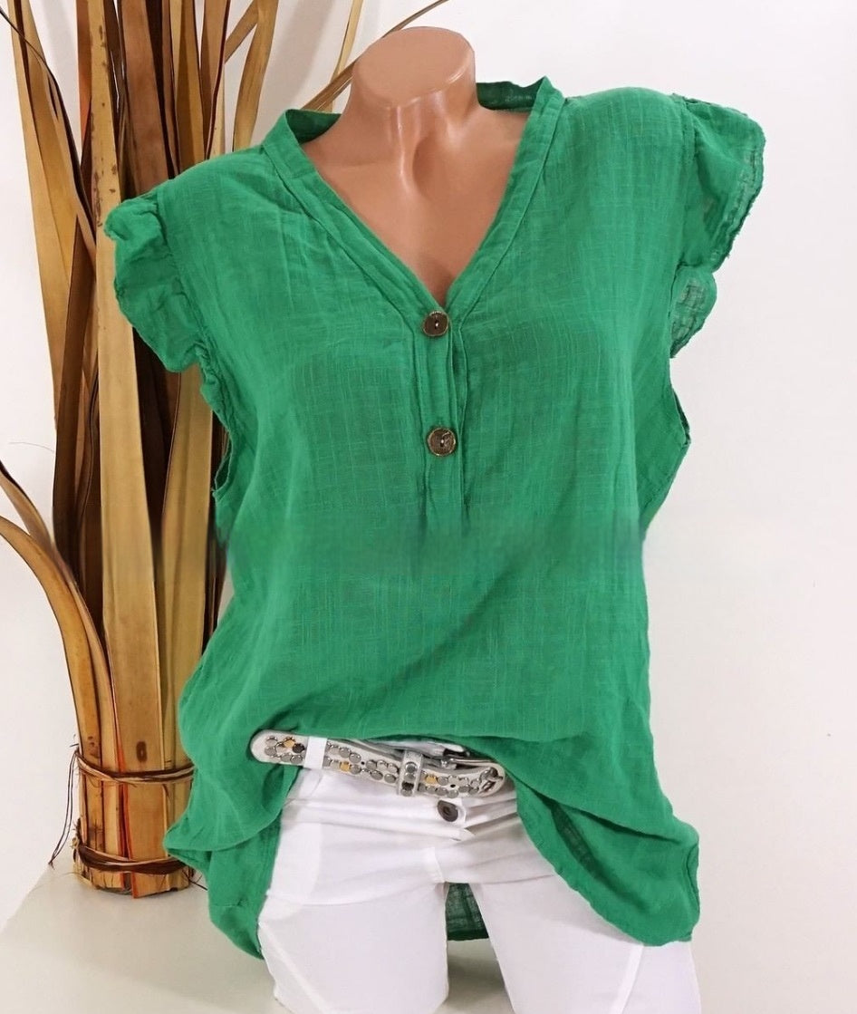 Women's V-neck Cotton and Linen Loose Ruffle Sleeve Sleeveless Shirt