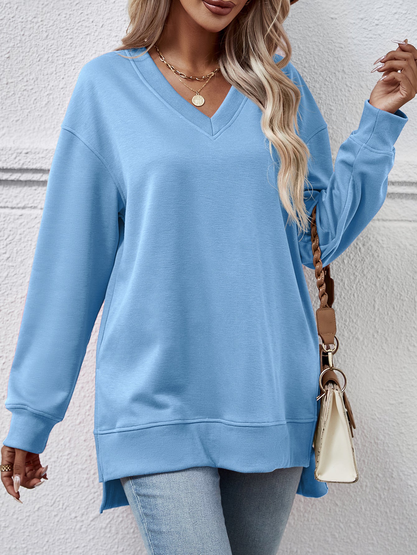 Women's Long V-neck Casual Split in the Side length longer in the back Sweater